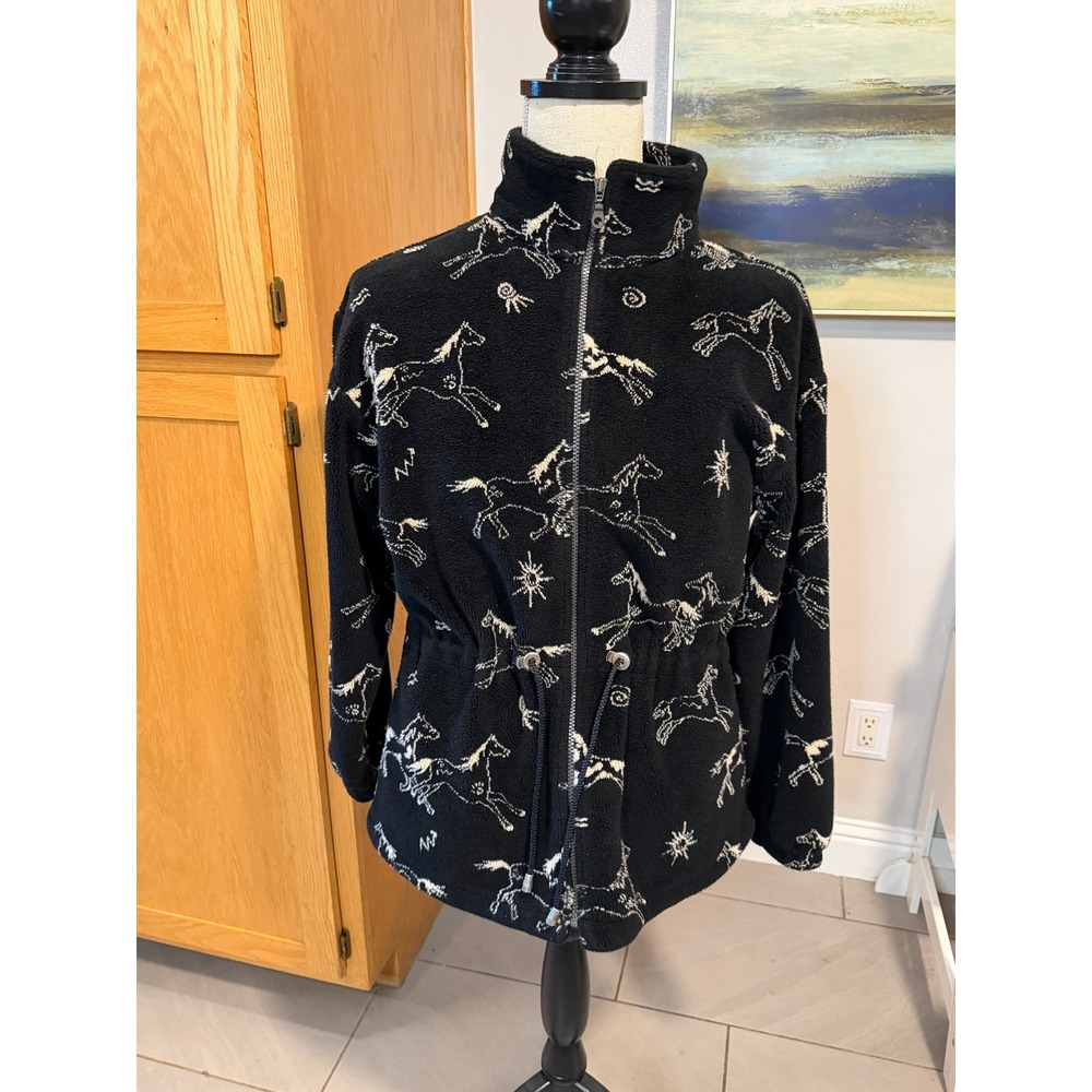 VTG Tsunami Horse Print Fleece Jacket Black White Full Zip Drawstring Womens M